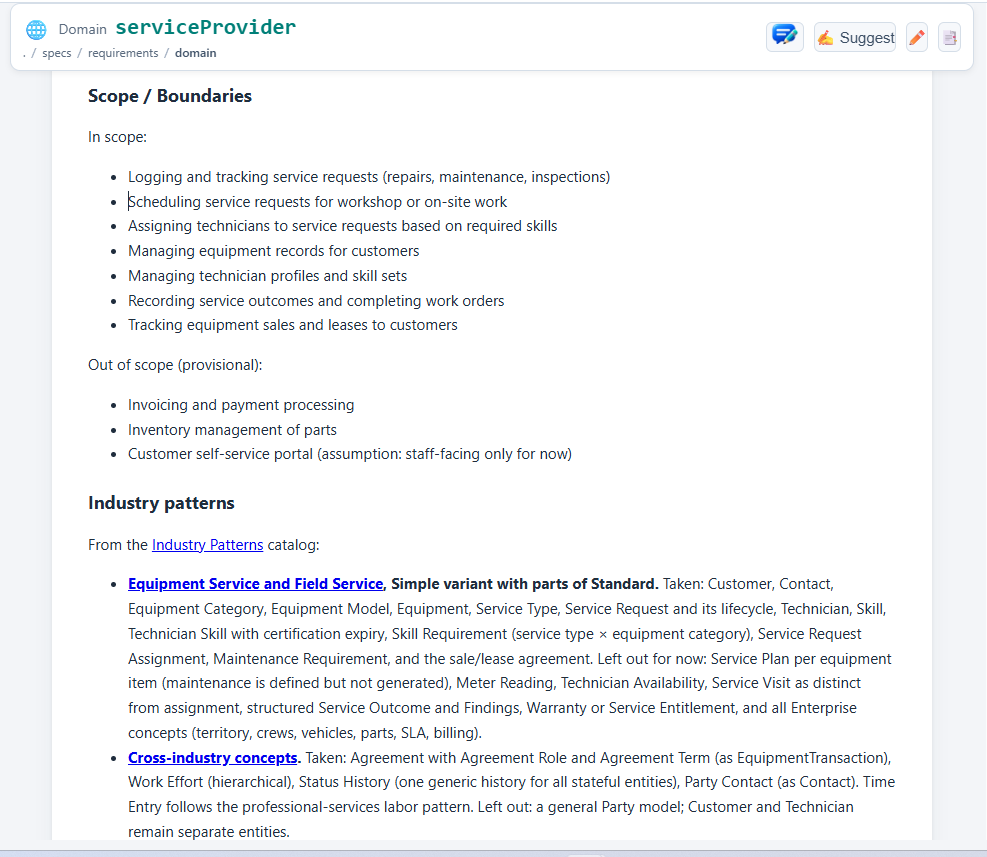MDE Workbench showing industry patterns integrated into the ServiceProvider domain